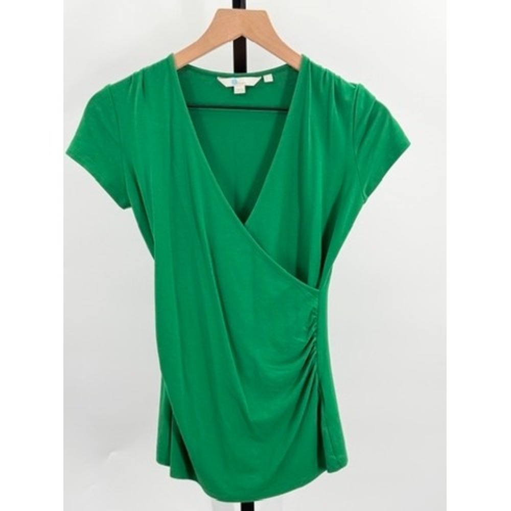 Boden Womens Green Faux Wrap Top Ruched Side V Neck Jersey Knit Business Casual